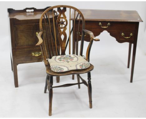 A GEORGIAN STYLE MAHOGANY SIDE TABLE, fitted with one long drawer over two short drawers 74cm x 76cm x 47cm, a mahogany tray 