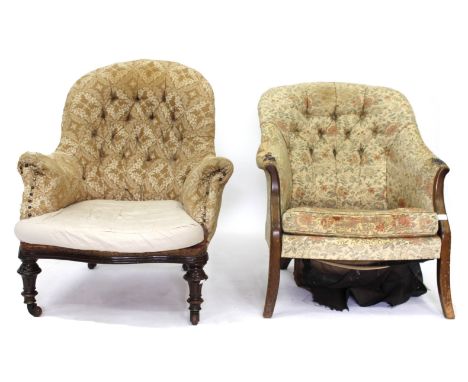 A VICTORIAN BUTTON UPHOLSTERED LOW CHAIR and a similar low chair, both for reupholstering