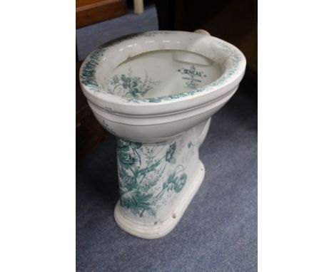 A VICTORIAN GREEN FLOWER DECORATED CERAMIC LAVATORY OR WATER CLOSET BOWL 'THE OENEAS WASHDOWN CLOSET', 35.5cm wide x 42cm hig