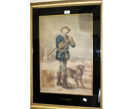 AN EARLY 19TH CENTURY PRINT of 'The woodman' by Francesco Bartolozzi in a gilded gesso frame, overall 76cm x 56cm and Hugh Ca