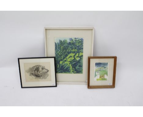 A WATERCOLOUR ON PAPER OF A RURAL LANDSCAPE, signature indistinct lower right hand corner; a pencil sketch of a dog, signed M