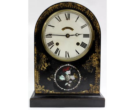 A PAINTED PAPIER MACHE AND GILDED MOTHER OF PEARL INLAID MANTLE CLOCK with Roman numeral dial face, 36cm x 26cm