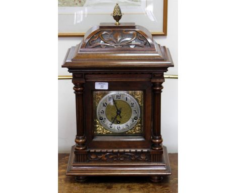AN EARLY 20TH CENTURY GERMAN EIGHT DAY WESTMINSTER CHIME BRACKET CLOCK with a mahogany case, art nouveau styling and a silver