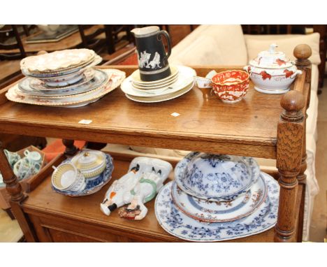 A QUANTITY OF VICTORIAN AND LATER CERAMICS to include vegetable tureen, Staffordshire flatback figurine, a possibly Worcester