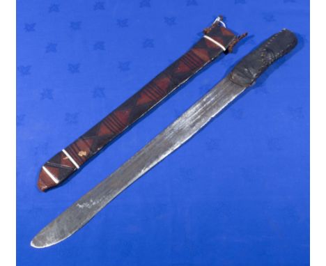 Tuareg knife with native forged blade, geometric patterned leather scabbard