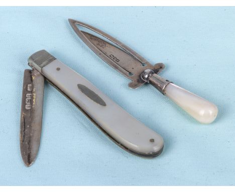 Victorian mother of pearl and silver fruit pocket knife(6cm)&nbsp; and a silver page divider (7cm)