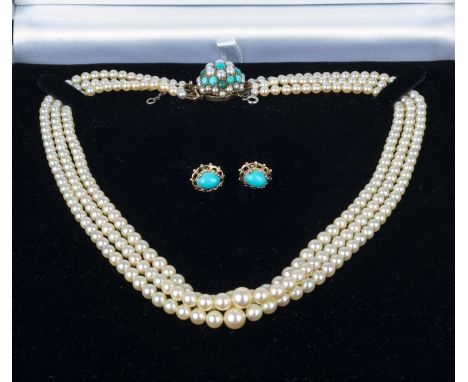 A three strand pearl necklace with turquoise and pearl clasp together with a pair of turquoise earrings