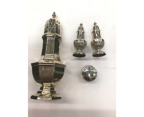 Silver caster, pair smaller silver casters and silver topped glass trinket pot