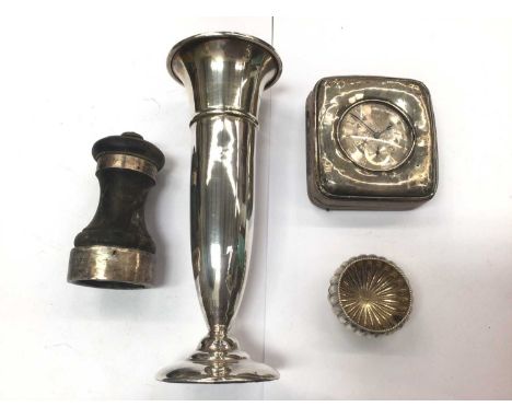 Silver spill vase, silver salt, silver mounted wooden pepper grinder and silver cased pocket watch in silver holder