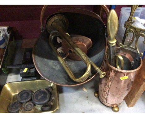 Copper coal bucket with shovel and fire side utensils plus set of scales and weights