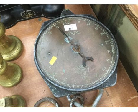 Set of brass postal scales by T. J &amp; J. Smith, together with a set of Salter drop scales, another set of Salter scales an