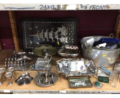 Selection of plated ware including cake stands, stewing pan and other wares, plus inlaid Mother of Pearl oriental style tray