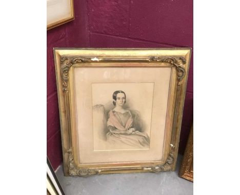 19th century pencil portrait of a lady, 38 x 28cm, in glazed period gilt frame