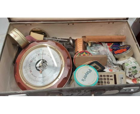 Sundry items, including silver, barometer, watches, vintage tins, tools, etc, Colchester-related ephemera, in a leather suitc