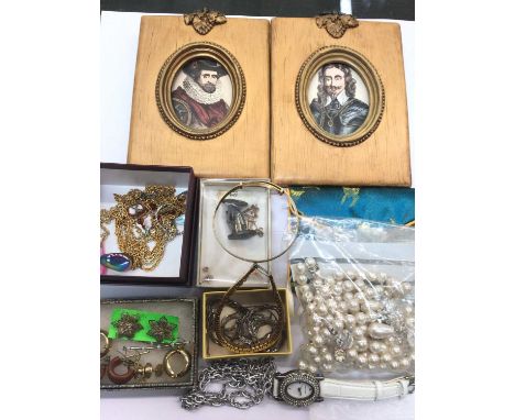 Costume jewellery and bijouterie including gold plated christening bangle, wristwatch and two portrait miniatures 