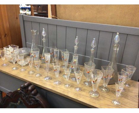 Unusual set of continental glassware, including decanters, drinking glasses, bowls and dishes, with iridescent crackle effect