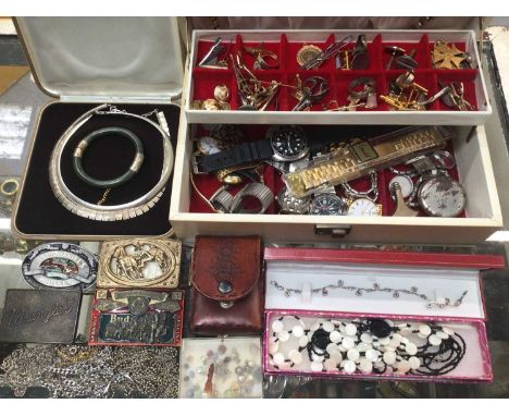 Collection of costume jewellery including two silver necklaces, green hard stone bangle, belt buckles and various wristwatche