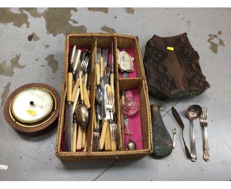 Quantity of sundries, including a small amount of silver and silver plate, a Negretti &amp; Zambra barometer, printing block,