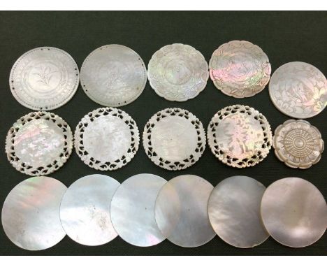 Group 19th century Chinese export mother of pearl gaming counters and a carved pin holder
