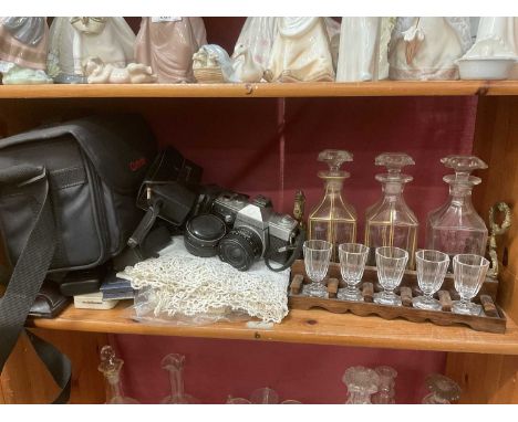 Decanter and glasses stand, cameras, jewellery boxes and textiles