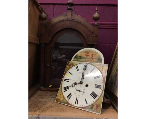 19th century long case clock movement with painted enamel dial and hood.