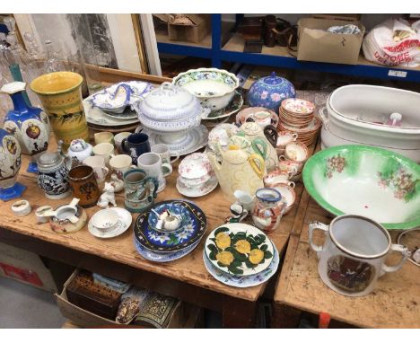 Victorian and later ceramics, including tureens, teawares, Toby jugs, a Wemyss plate, a large Prattware loving cup, etc