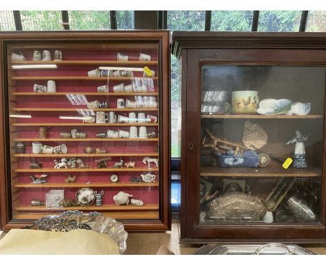 Two wall hanging curiosity cabinets, silver plate, hand puppet and other items