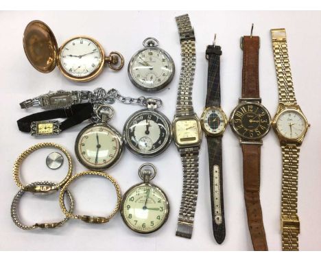 Group pocket watches and wristwatches including gold plated full hunter, Railway Timekeeper pocket watch, two ladies Art Deco