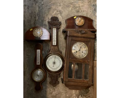 1930s oak cased wall clock, two vintage mantel clocks and two barometers