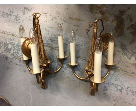 Two chain pendant three branch electroliers and four similar twin sconce wall lights