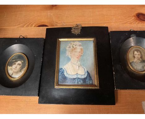 Regency portrait miniature on ivory of a lady with bonnet, in glazed papier mache frame, total size 15 x 13cm, and two printe