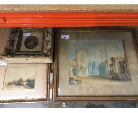 C. J. James, 19th century watercolour - Continental Town, 19th century English landscape and a monochrome portrait, each fram