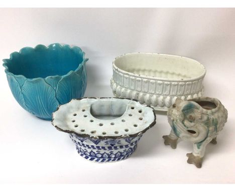 Burmantofts blue glazed jardiniere, Burmantofts style toad, 18th century Delftware posy holder and Spanish Faience planter