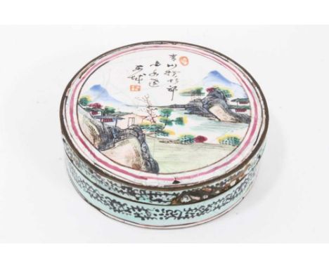 18th century Cantonese enamel snuff box of circular form, with cover decorated with landscape and script, 8cm diameter
