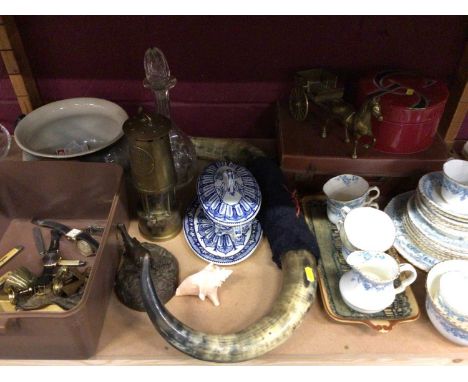 Brass miner's lamp, Buffalo horns, tea ware, costume jewellery, brass ware, pen knives, wooden building blocks and sundries