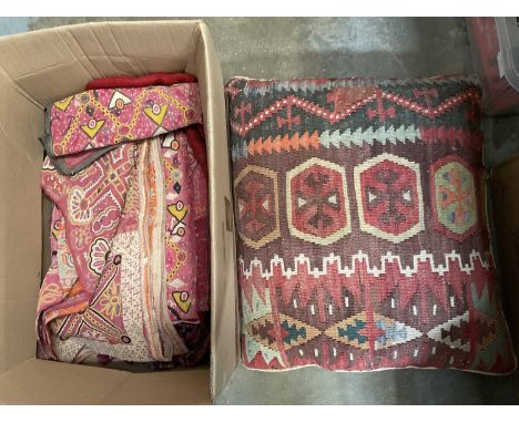 Kilim cushion, three Indian embroidered panels and sundry textiles