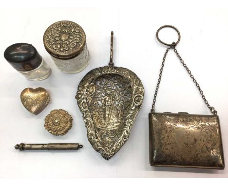 Group of silver items including Sampson Mordan propelling pencil, purse, two trinket boxes, two silver topped glass jars etc