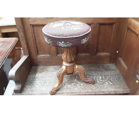 Victorian mahogany adjustable piano stool with floral tapestry seat on tripod base