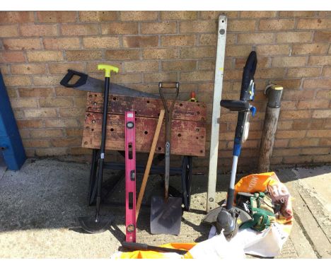 Black and Decker work mate, Mac Allister battery powered strimmer, and other tools.