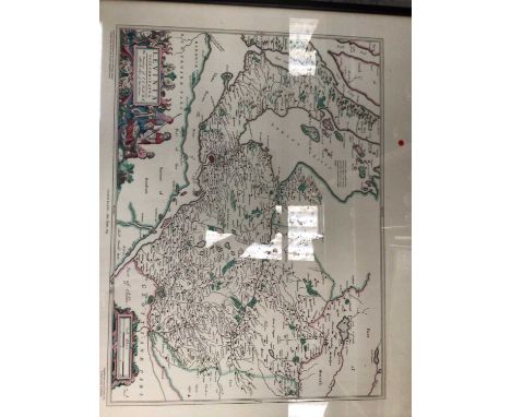 Printed reproduction map of the province of Lennox called the shore of Dun-Britton, circa 1654, four hunting scene prints eng