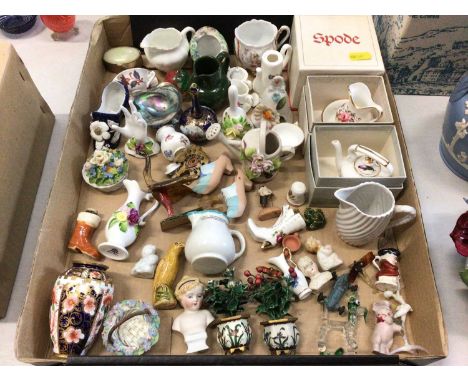 Collection of miniature ceramics including Hammersley wash jug and bowl set and a teapot, both boxed, Spode teapot, boxed, Ro