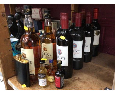 Two bottles of Tesco Special Reserve Whisky, together with five bottles of Merlot and two other red wines, alcohol miniatures