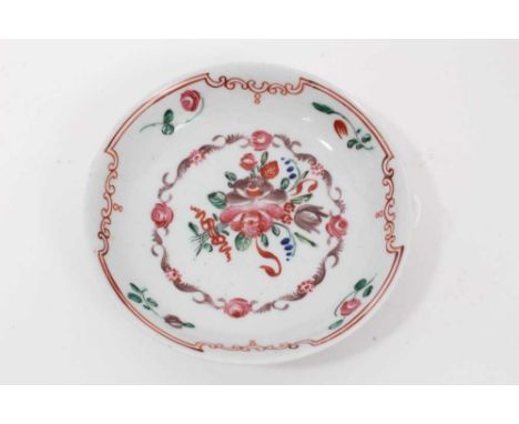 A Badderley-Littler saucer, circa 1780-85, painted in the Chinese famille rose style with flowers, 12.75cm diameterIn good co