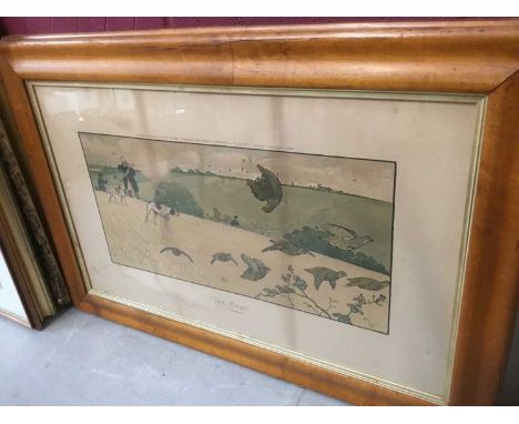 Two large hunting prints after Cecil Aldin, both in period birds eye maple frames, total size 66 x 95cm