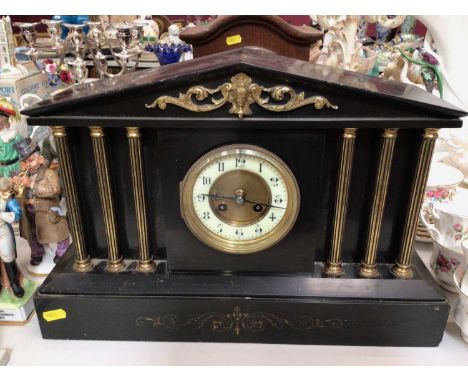 Early 20th century black slate mantel clock, together with two mantel clocks with presentation plaques and another mantel clo
