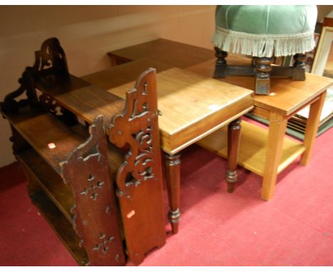 A beechwood three tier hanging wall shelf, one other small example, a Victorian mahogany bidet, beechwood stool, and a teak c