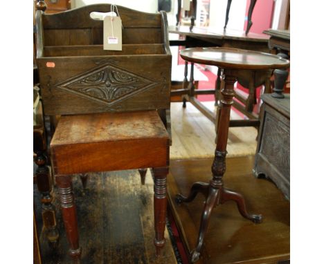 Occasional furniture to include; Victorian mahogany commode stool, an oak twin division magazine rack, and a mahogany pedesta