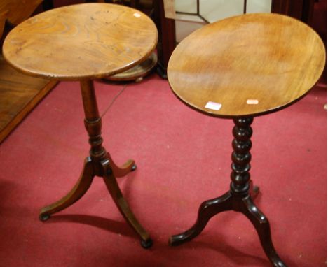 A 19th century provincial elm circular pedestal occasional table, together with a mahogany bobbin turned pedestal occasional 