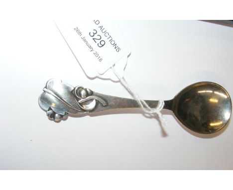 Danish silver caddy spoon with stylized leaf and berry handle - 1937 