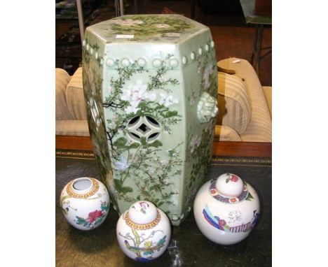 Oriental ceramic garden seat, together with three ginger jars 